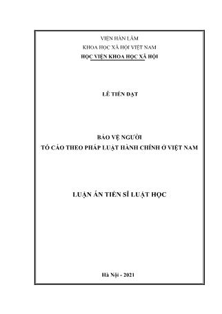 Luận án Bảo vệ người tố cáo theo pháp luật hành chính ở Việt Nam