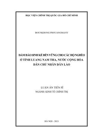 Luận án Đảm bảo sinh kế bền vững cho các hộ nghèo ở tỉnh Luang Nam Tha, nước cộng hòa dân chủ nhân dân Lào