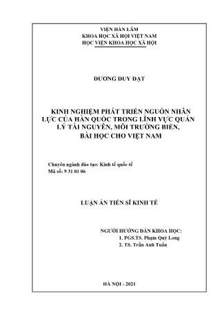 Luận án Kinh nghiệm phát triển nguồn nhân lực của Hàn Quốc trong lĩnh vực quản lý tài nguyên, môi trường biển, bài học cho Việt Nam