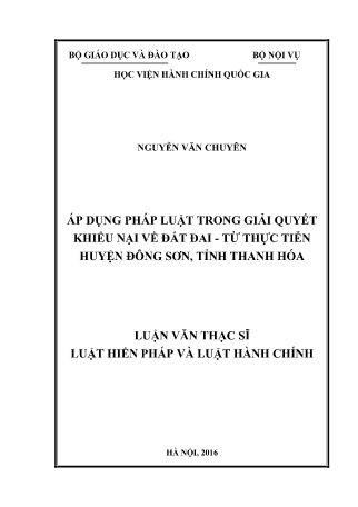 Luận văn Áp dụng pháp luật trong giải quyết khiếu nại về đất đai - Từ thực tiễn huyện Đông Sơn, tỉnh Thanh Hóa