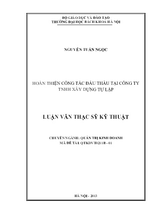 Luận văn Hoàn thiện công tác đấu thầu tại Công ty TNHH Xây dựng Tự Lập Luận văn Hoàn thiện công tác đấu thầu tại Công ty TNHH Xây dựng Tự Lập
