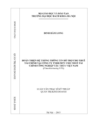 Luận văn Hoàn thiện hệ thống thông tin hỗ trợ cho thuê tài chính tại Công ty TNHH MTV Cho thuê tài chính Công nghiệp Tàu Thủy Việt Nam (Vinashin-leasing VFL)