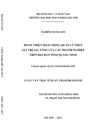 Luận văn Hoàn thiện hoạt động quản lý thuế giá trị gia tăng của các doanh nghiệp trên địa bàn tỉnh Quảng Ninh