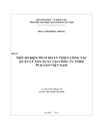 Luận văn Một số biện pháp hoàn thiện công tác quản lý sản xuất tại Công ty TNHH Piaggio Việt Nam Luận văn Một số biện pháp hoàn thiện công tác quản lý sản xuất tại Công ty TNHH Piaggio Việt Nam