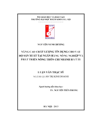 Luận văn Nâng cao chất lượng tín dụng cho vay hộ sản xuất tại Ngân hàng nông nghiệp và phát triển nông thôn Chi nhánh Hà Tây Luận văn Nâng cao chất lượng tín dụng cho vay hộ sản xuất tại Ngân hàng nông nghiệp và phát triển nông thôn Chi nhánh Hà Tây