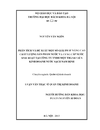 Luận văn Phân tích và đề xuất một số giải pháp nâng cao chất lượng sản phẩm nước và cung cấp nước sinh hoạt tại Công ty TNHH một thành viên kinh doanh Nước sạch Nam Định