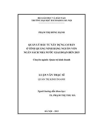 Luận văn Quản lý đầu tư xây dựng cơ bản ở Tỉnh Quảng Ninh bằng nguồn vốn ngân sách nhà nước giai đoạn đến 2015