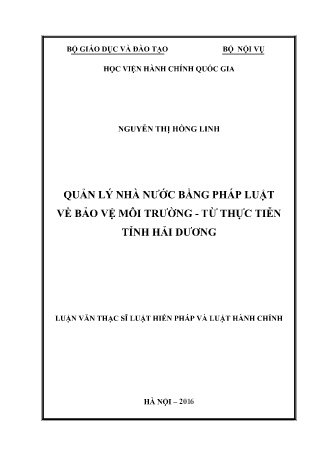 Luận văn Quản lý nhà nước bằng pháp luật về bảo vệ môi trường - Từ thực tiễn tỉnh Hải Dương Luận văn Quản lý nhà nước bằng pháp luật về bảo vệ môi trường - Từ thực tiễn tỉnh Hải Dương