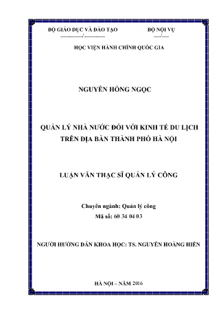Luận văn Quản lý nhà nước đối với kinh tế Du lịch trên địa bàn Thành phố Hà Nội Luận văn Quản lý nhà nước đối với kinh tế Du lịch trên địa bàn Thành phố Hà Nội
