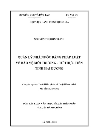 Tóm tắt Luận văn Quản lý nhà nước bằng pháp luật về bảo vệ môi trường - Từ thực tiễn tỉnh Hải Dương
